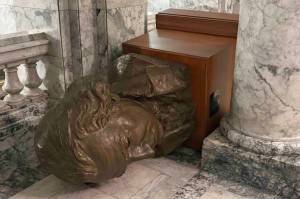 A bust of George Washington lies tipped over on the third floor of the Washington state Capitol building in Olympia, after a vandal broke in and caused damage on Sunday night. (Photo courtesy of Department of Enterprise Services)