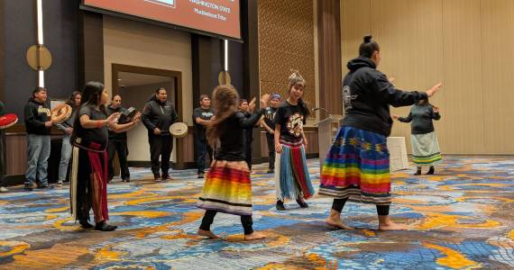 The Muckleshoot Canoe Family begin the coordinator gathering with a cultural opening ceremony. Photo by Bailey Jo Josie/Sound Publishing