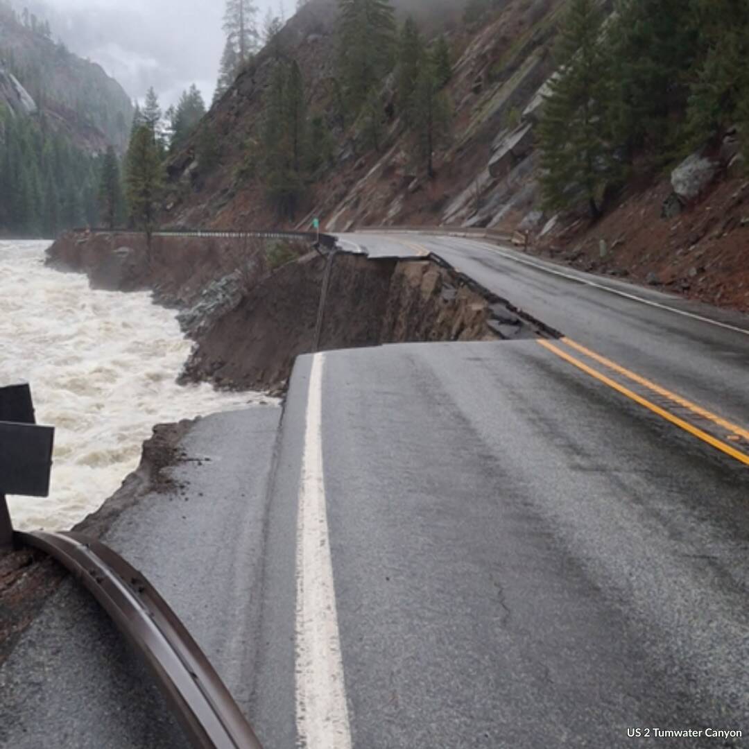 Road damage along U.S. 2 in Tumwater Canyon. Photo courtesy of WSDOT