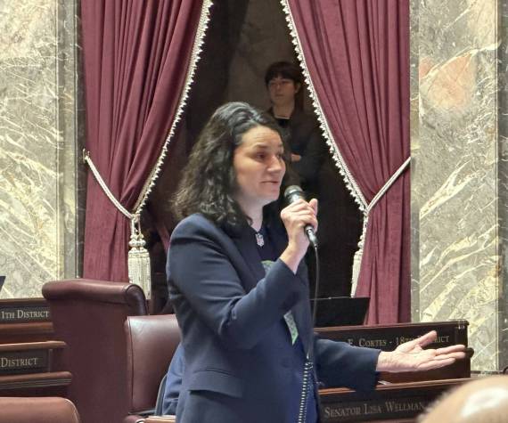 Sen. Emily Alvarado, D-Seattle, speaks during a Senate floor session Feb. 6. Photo by Cassie Diamond