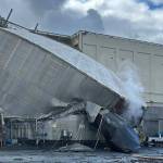 The burst white liquor tank is seen at the Nippon Dynawave Packaging facility in Longview, Washington, on May 26, 2026. (Photo courtesy of Longview Fire Department)