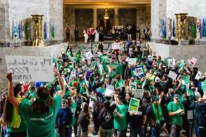 Hundreds of state workers entered the state Capitol in Olympia to protest potential furloughs amid a massive budget shortfall on April 9, 2025. (Photo by Jacquelyn Jimenez Romero/Washington State Standard)