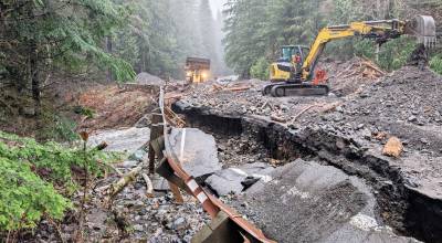 A damaged section of State Route 542 between mileposts 43 and 45 east of Glacier after flooding from an atmospheric river in December 2025. (Photo courtesy of Washington State Department of Transportation)